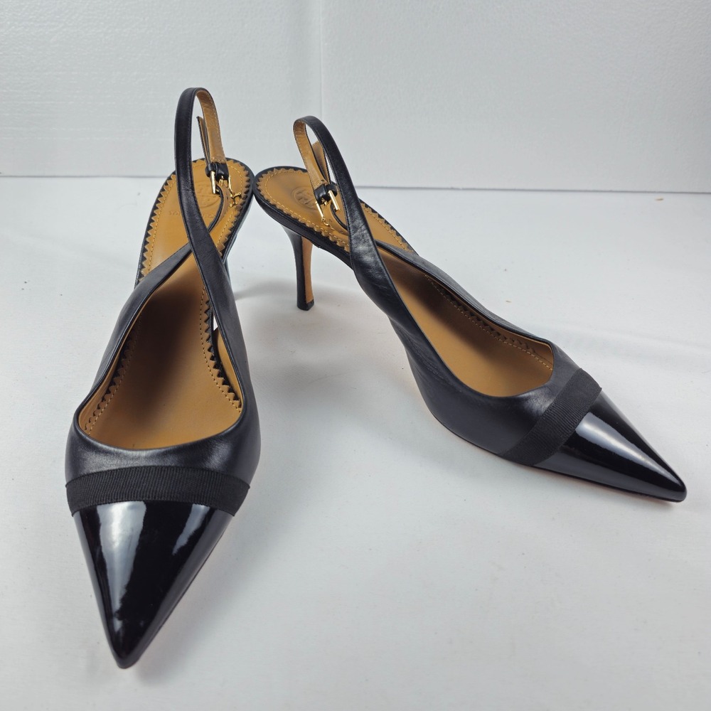 Tory Burch Black Leather Patent Cap Toe Slingback Pumps Heels Size 10 m.i. Italy